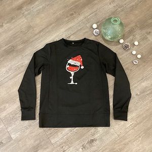 NWOT - Black Glitzy Wine Glass With Santa Hat Sweater- size M